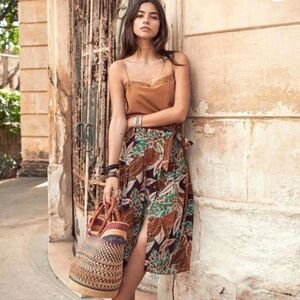 SEZANE AMANDINE SILK SKIRT IN BROWN BOTANICAL